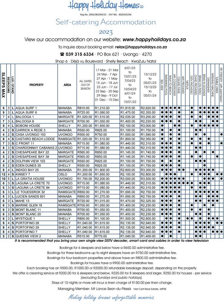 Price list self-catering holiday accommodation South Coast KZN Happy Holiday Homes-pg 1
